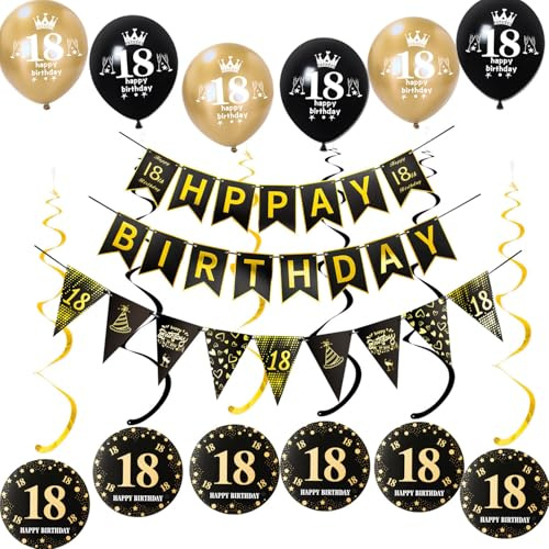 Schwarz gold Girlande Happy 18th Birthday+ Dreiecksflaggen + 18 Geburtstag Hängedeko ,luftballons 18 deko für junge mädchen,deko 18. junge geburtstagsdeko 18 jahre Mädchen