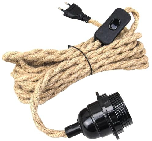 Lampadario corda di canapa cavo 4,5 m,Hanging Kit di Lampade in Corda di Canapa,4,5 m lampada a sospensione vintage, con interruttore e spina corda di canapa,di Canapa 4.5m Portalampada E27