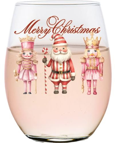 Toasted Tales Christmas Gift for Women, Gifts for Her, Nutcracker Merry Christmas Stemless Wine Glass for Rosé, White Wine, Red Wine, or Egg Nog Glass Holiday Table Decor