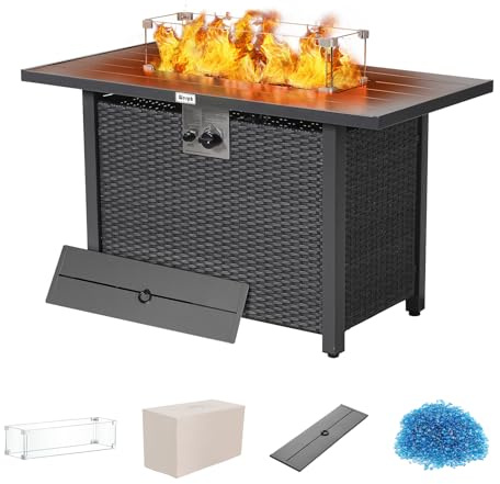 Werph Brasero au propane de 109,2 cm avec clôture en rotin, foyers à gaz 50 000 BTU pour terrasse extérieure avec allumage automatique, table de feu 2 en 1 avec pierres de verre, pare-vent et
