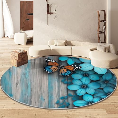 Waschbare Runde Teppiche 120 cm, Pflanze Blume Schmetterling Rutschfester Runder Teppich für das Wohnzimmer, Pflanzen Blumen Weicher Niedrigfloriger Teppich für unter den Esstisch