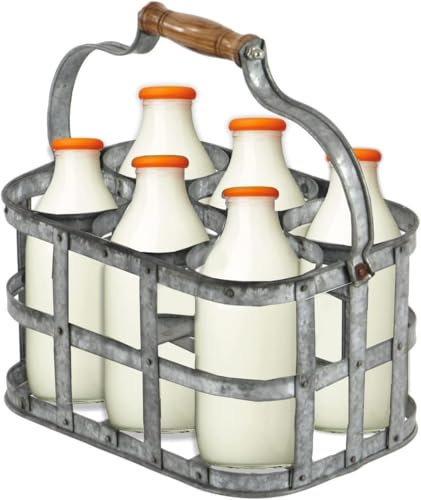 Abaseen Galvanized Milk Bottle Holder | Vintage 6 Bottle Doorstep Crate Carrier with Handle | Metal Storage Rack for Milk, Soda, Beer & More | 7.75 x 12 x 6.25