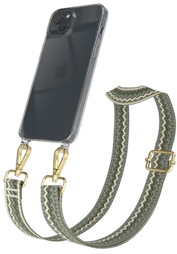 EAZY CASE Handykette - Verstellbares Taschenband kompatibel mit iPhone 15 Plus, Schulterriemen, Handykordel mit Silikon Hülle, Umhängetasche, Grün Beige Gold