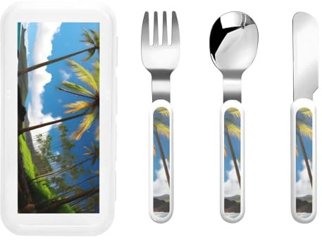 Reiseutensilien-Set mit Etui, Motiv: tropische Palme, Hawaii, Strand, inklusive Gabel, Löffel, Messer, ergonomischer Löffel für Rechtshänder
