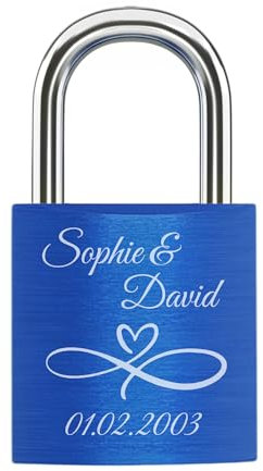 mtb more energy Graviertes Liebesschloss, frei gestaltbar mit vielen Farben, Motiven & Schriftarten - personalisiertes Liebes-Schloss Vorhängeschloss - individuelles Pärchen-Geschenk - Dunkelblau