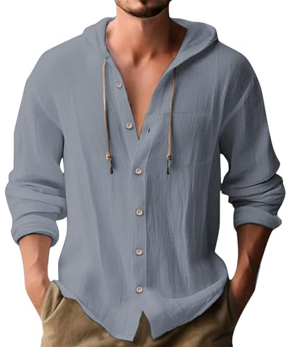 Generico Camicia in Lino Uomo Estiva Elegante Cotone E Lino Camicie con Cappuccio Leggera Comode Casual Shirts con Tasca Coreana Maglietta Maniche Lunghe con Bottoni Traspirante T-Shirt da Uomo