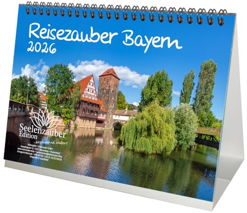 Reisezauber Bayern DIN A5 Tischkalender für 2026 München Nürnberg - Set-Inhalt: 1x Kalender 1x Weihnachtsanhänger 1x Grußanhänger (gesamt 3 Teile)