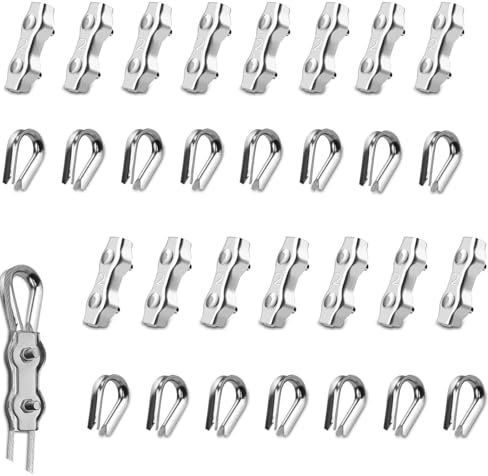 Gripple Fence Clips Cable Clamps - 30 PCS M3 304 Stainless Steel Wire Rope Grips with Thimbles, Heavy-Duty 3mm Wire Rope Clamps for Fencing, Clothesline, Awning, and Tensioner Fixings for Indoor Outdo