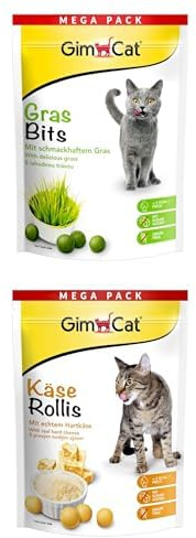 Bundle: GimCat Gras Bits & + GimCat Käse Rollis - Getreidefreier und vitaminreicher Katzensnack mit echtem Gras - (1 x 425 g) - echtem Hartkäse - (1 x 425 g)