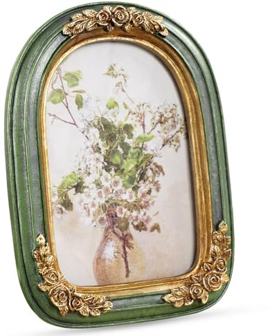 Cuspin Vintage-Bilderrahmen, 10,2 x 15,2 cm, grüner und goldener Bogenrahmen, kunstvoller Kunstharz-Bilderrahmen mit Glasfront für Tischplatte oder Wand, antiker dekorativer Rahmen für Heimdekoration