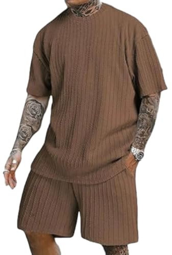 Sportanzug Herren Fitness Jogging Workout Kurzarm T-Shirt Und Kurze Hosen 2-Teiliges Set Atmungsaktiv Komfortabel Mode Freizeitkleidung Temperament Trend Streetwear H-Brown M