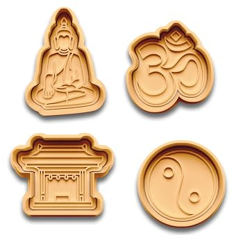 Keksausstecher Set Buddhismus – 4-teiliges Set mit Buddha, Om Symbol, Tempel und Yin Yang – aus PLA – Ausstechformen mit Stempel – spirituelles Geschenk für Achtsamkeits- und Yoga-Fans