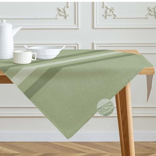 Kiatuniya Tischdecke Abwaschbar Grün Tischdecken 85x85cm Modern Streifen-Muster Polyester Leinen-Optik Quadratische Tischtuch Outdoor Gartentischdecke Wetterfest für Wohnzimmer, Esszimmer, Party