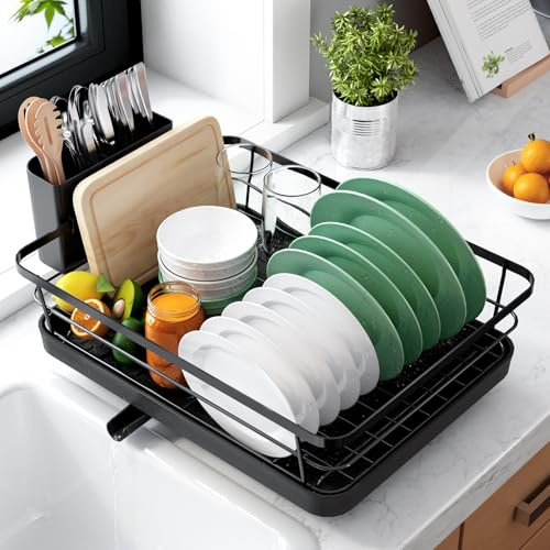 Kitsure Escurridor de Platos, escurreplatos Acero Inoxidable para encimera Cocina con Porta Cubiertos, almacenaje Fregadero hogar apartamento, Large, Negro