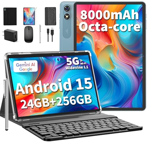 YLEEBG - Android 15 Tablet with Keyboard, 24GB+256GB+2TB Expandable, 2 in 1 Tablets with Keyboard Case, Stylus Pen, 8 Cores, 8000mAh, 5G WiFi (Black)