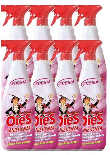 OièS Saniessenza Detergente Profumato 750 ml - Profumatore Ambiente 5 in 1 Spray Igienizzante Multiuso per Pavimenti e Superfici - Profuma, Igienizza, Deodorizza, Deterge e Spolvera - Fucsia (8 Unità)