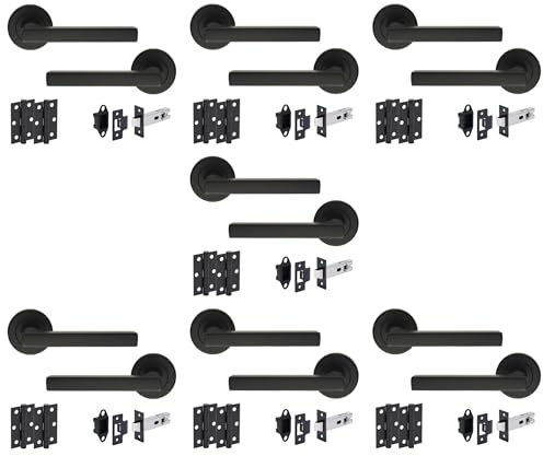 Hunta HANDLEZONE® Torro Matt Black Internal Door Handle Pack - 7 Pack - Lever on Rose Set - 76mm Tubular Latch (57mm Backset) & 2 Ball Bearing Hinges - Passage for Internal Wooden Doors