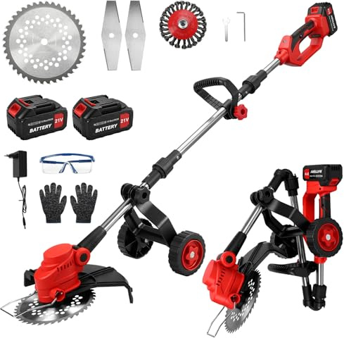 Decespugliatore a Batteria 21V con Ruota, Tagliaerba Elettrico con 2 Batterie 4,0Ah, 21000 giri/min, 4 Tipi di Lame Tagliaerba Elettrico, Decespugliatore Per Taglio Di Giardini, Prati