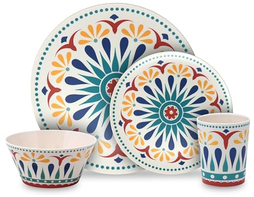 Reusable Plastic Dining Picnic Set - 16pcs Plates Bowls Cups - Moroccan