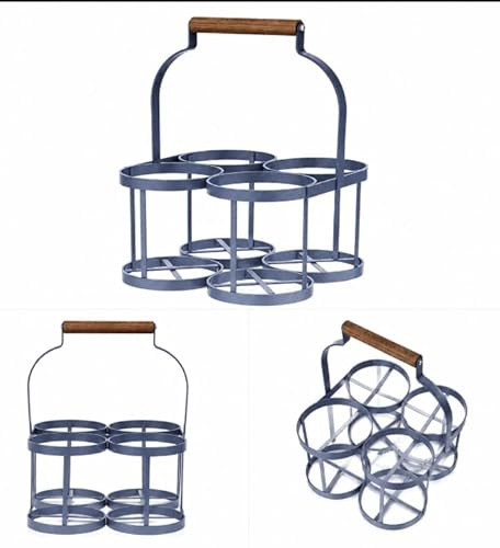 Metal Milk Bottle Holder Carrier with Wooden Handle, Grey, 4 Bottle Storage Rack