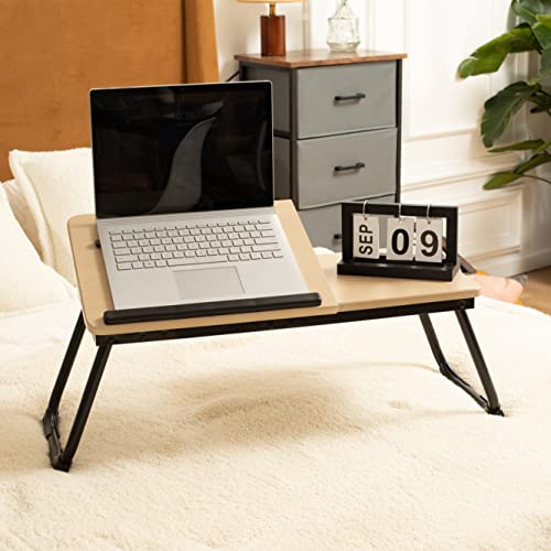 Meuble Cosy Table de lit Tablette pour Prdinateur Portable Plateau Réglable Petit Bureau Nomade Support PC, Chêne + Noir