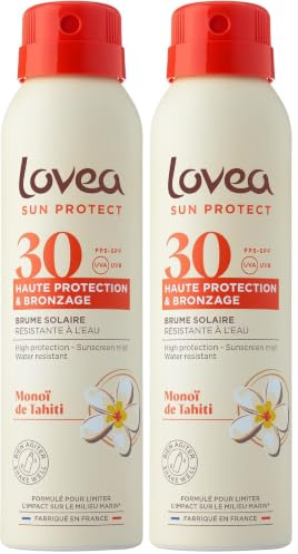 LOVEA - Brume FPS 30 Haute Protection Solaire UVA-UVB & Bronzage - Monoï de Tahiti - Visage & Corps - Résistante à l'eau - Fini Invisible - Testé Dermatologiquement - Fabriqué en France - 150ml