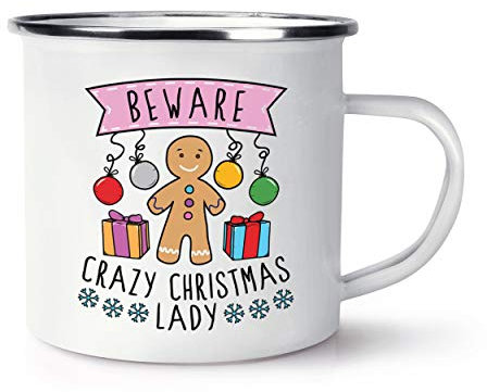 Beware Crazy Christmas Lady Retro Enamel Mug Cup