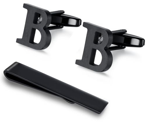 HONEY BEAR manschettenknöpfe & krawattennadel Krawattenklammer Set Initialen Buchstabe Herren Edelstahl Hochzeit Cufflinks Manschettenknopf Schwarz (B)