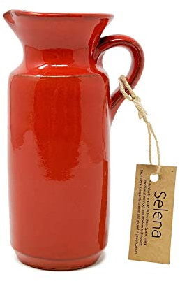 Verano Spanish Ceramics Selena Glaze Hand Dipped Decorative Tall Rustic Bottle Jug - New Home Decor Kitchen Restaurant Cafe Dining Table Vase Serving Cream Milk Water Juice Pourer - 18cm Red