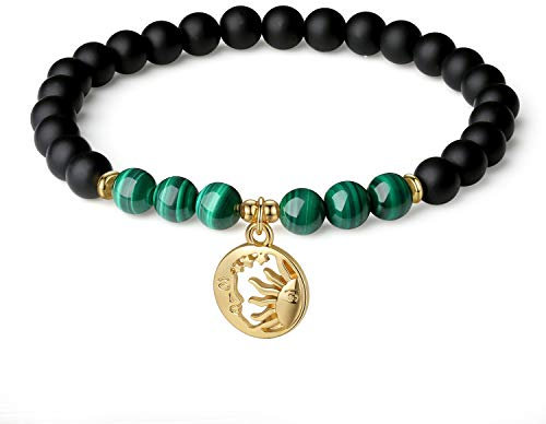 COAI Geschenkideen Damen Armband aus Matt Onyx und Malachit mit Sonne Mond Charm Glücksarmband