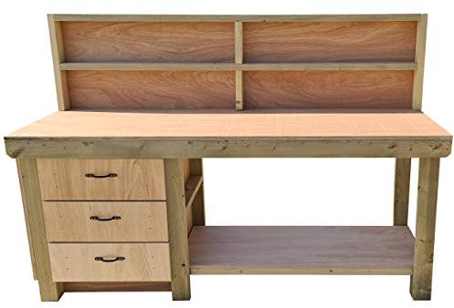 Wooden Workbench Eucalyptus Hardwood Top with 3x Drawer Tool Cabinet - Storage Shelf and Back Panel (4ft)