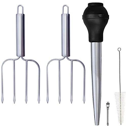 Turkey Baster and Poultry Lifters Fork Set of 2. Food Grade Stainless Steel and BPA-Free Silicone. Dishwasher-Safe