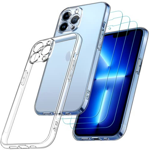 ivoler Funda Compatible con iPhone 13 Pro 6.1 Pulgadas, con 3 Unidades Cristal Templado, Transparente Suave TPU Silicona Carcasa Protectora Anti-Choque Caso Delgada Anti-arañazos Case