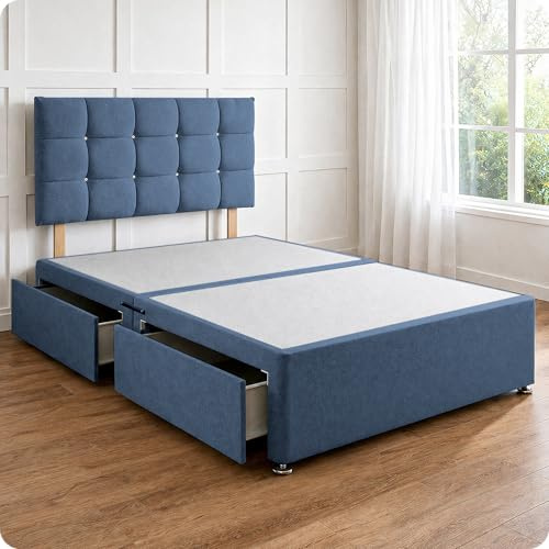 Comfy Deluxe LTD 4FT6 Double Bed base with 20 Inch Cubic Headboard - Denim Linen Divan Bed Frame with No Mattress Included, Chrome Glider Feet & No Storage - UK Made