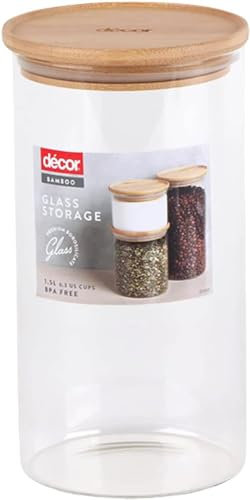 Décor Tall Glass Storage Jar with Bamboo Lid | Airtight Kitchen, Pantry & Bathroom Storage Containers | 1.5L Capacity