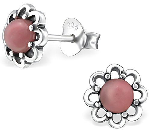 EYS JEWELRY Ohrstecker Damen Blume Blüte 925 Sterling Silber Rhodonit rosa-pink Damen-Ohrringe