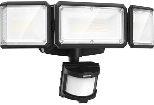 LEPOWER Projecteur LED d'extérieur alimenté par piles, 1500 lm, détecteur de mouvement, 5000 K, étanchéité IP65, projecteur sans fil à piles, détecteur de mouvement à 3 têtes pour garage, cour (noir)