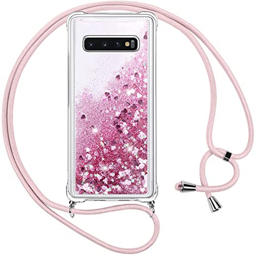 Vauki handyband für Samsung Galaxy S10 Hülle mit Band,Silikon Durchsichtig Transparent Flüssig Glitzer mit Kette Kordel Bumper Treibsand Necklace TPU Schutzhülle Case für Samsung S10,Rosa