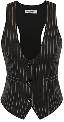 GRACE KARIN Women Pinstripe Suit Vest Black 90s Outfits Blazer for Women Vintage Costume for Business Casual