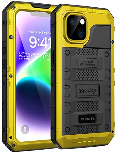 Beeasy für iPhone 14 Wasserdicht Outdoor Hülle (6,1), Stoßfest Panzerhülle Militär 360 Grad Schutzhülle mit Displayschutz, Robust Metall Heavy Duty Handyhülle iPhone 14 Case, Gelb