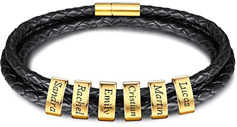 INBLUE Personalisierte Namen Armbänder Herren Gravur Lederarmband Edelstahl Goldne Perlen Anhänger Schmuck Geschenke für Männer Papa Familie Damen (Gold, 6 Perlen)