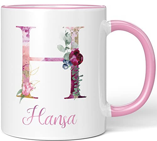 JUNIWORDS Tasse, Hansa, Name Anfangsbuchstabe Initial Alphabet Floral Buchstabe H Monogramm Motiv, Rosa (5511882)