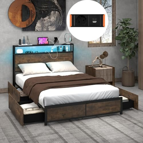 COSTWAY Cadre de Lit Double 140x200cm avec Sommier, Lit avec Éclairage LED et Prise de Courant, USB et 1 Type C, Sommier en Métal avec 4 Tiroirs Rangement, Mode Musique, Assemblage Facile