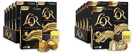 L’OR Espresso Café Guatemala Intensité 7 – Capsules de café en Aluminium Compatibles avec Nespresso® * - 10 paquets de 10 capsules & Café Espresso - Or Absolu - Intensité 9-10X10 capsules aluminium