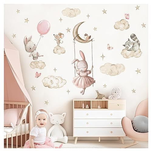 DEKO KINDERZIMMER Wandtattoo Hase Aquarell Wandsticker für Babyzimmer Tiere Luftballon Wandaufkleber Mädchen Kinderzimmer Wanddeko Spielzimmer DK1127-04