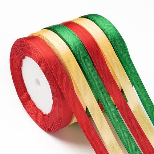 22m x 6 Rollen Schleifenband Weihnachten, 10mm Geschenkband Weihnachten, Grün/Gold/Rot Satinband zum Basteln Geschenkverpackung, Dekoband Weihnachten für Weihnachtsdeko Hochzeit Geburtstag Party