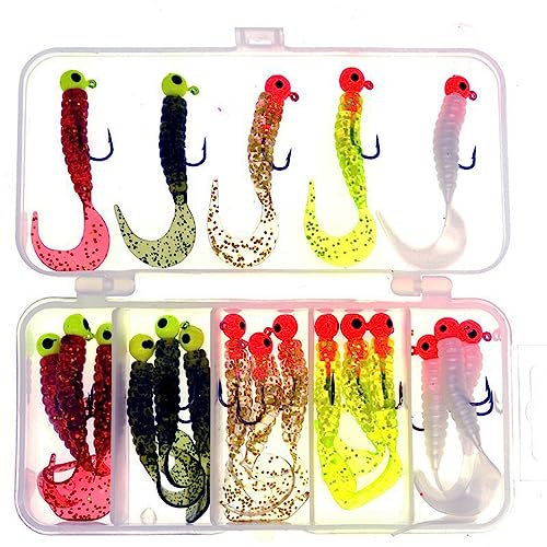 20 Pcs Curly Tail Grub Fishing Lures Kits Jig Head Hooks, Worm Soft Plastic Baits, Silicone Fishing Tackle Set for Catfish Perch Pike Saltwater & Freshwater