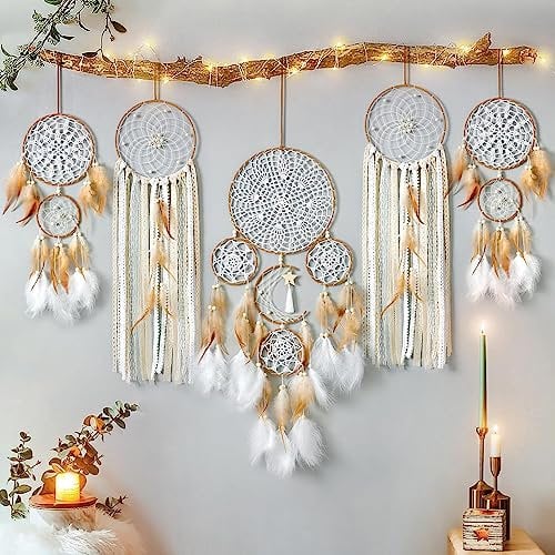 LOMOHOO 5 Pack Traumfänger Mond und Sonne Design Boho Wand hängende Dekoration handgemachte traditionelle Federn Traumfänger für Kinder Schlafzimmer Wohnen Home Dekoration (Braun) (5 stück-Brown)