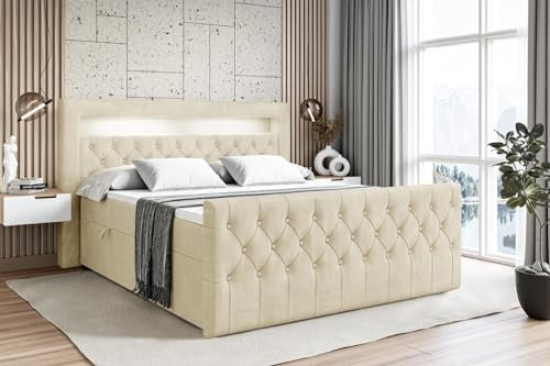ALTDECOR Boxspringbett mit Matratze und Lattenrost, LED Boxbett, Topper, Fußteil, Polsterbett mit Bettkasten, Bett mit Stauraum H4-Matratze, Doppelbett - Aurora - 180x200 - Beige Monolith 04