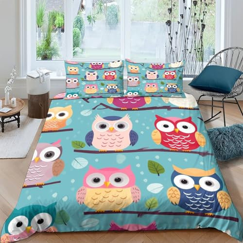 MEFESE Cartoon-Eulen-Baby-Bettwäsche-Set,3D-Bettbezug-Set mit süßer Eule,weiches Mikrofaser-Bettbezug-Set,1 Bettbezug und 2 Kissenbezüge,Doppelbettgröße